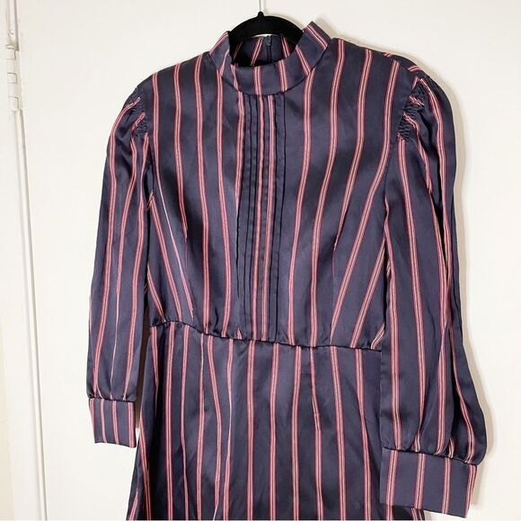 Sandro Respect Striped Navy Red White Pleated mini Dress FR38/US 6 long sleeve - Picture 12 of 12